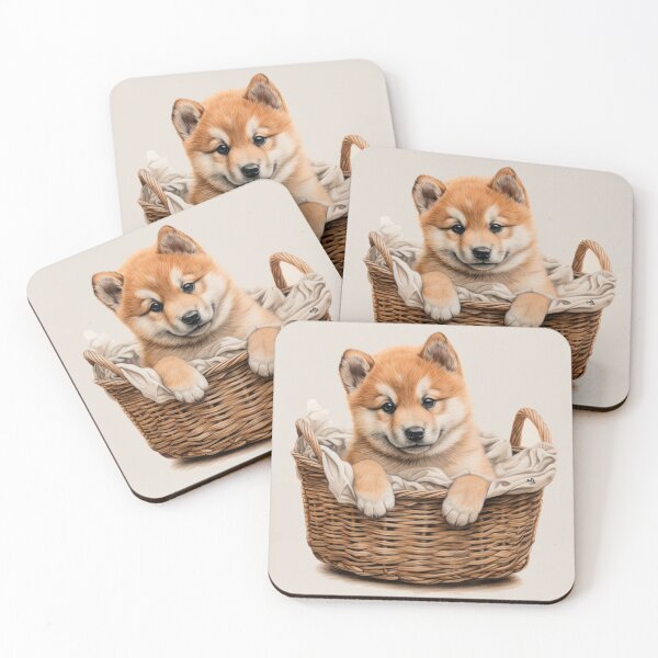 Item preview, cute Akita Inu puppy in basket, Japanese dog designed and sold by WallyPink.