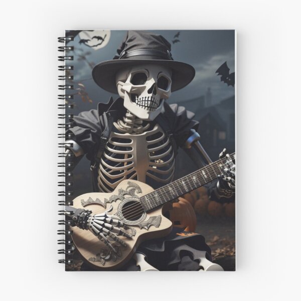 Aperçu de l'œuvre Squelette Goth Guitar Player crâne d’os de citrouille créée et vendue par Maystro-design.