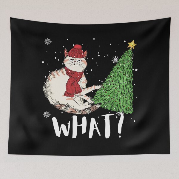 Item preview, Funny Tabby Cat Pushing Christmas Tree Over Cat What? designed and sold by Sukhumpan.