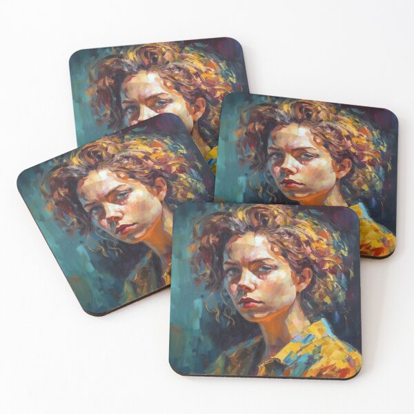 Item preview, "Curly-Haired Beauty"- Dark cyan, teal, light amber impasto oil painting. designed and sold by WhiteWolfe0127.