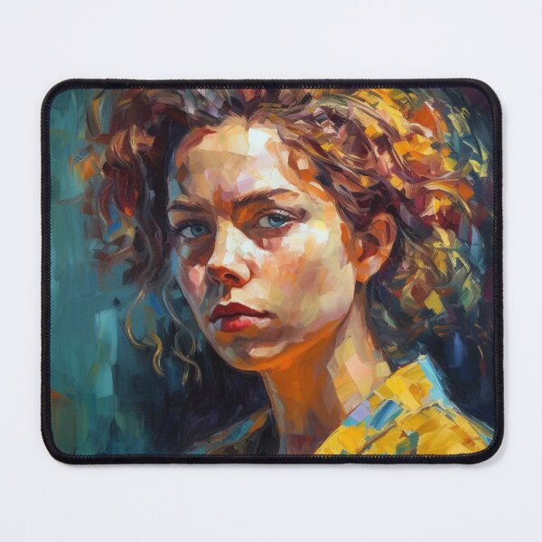 Artikelvorschau, „Curly-Haired Beauty“ – pastoses Ölgemälde in dunklem Cyan, Blaugrün und hellem Bernstein. entworfen und verkauft von WhiteWolfe0127.