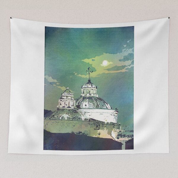 Item preview, Watercolor painting of church in Quito, Ecuador.  Green painting designed and sold by rfoxphoto.