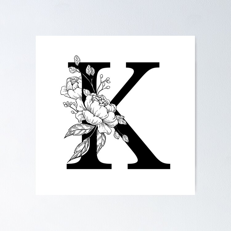 K Botanical Monogram. Detailed Peony Drawing Sticker