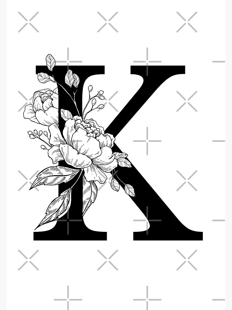 K Botanical Monogram. Detailed Peony Drawing