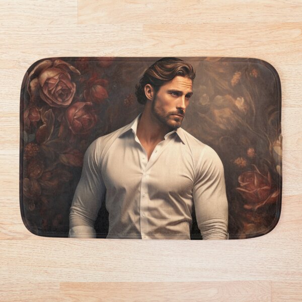 Item preview, Handsome brunette man strong looking against floral background designed and sold by Extraordinarym.
