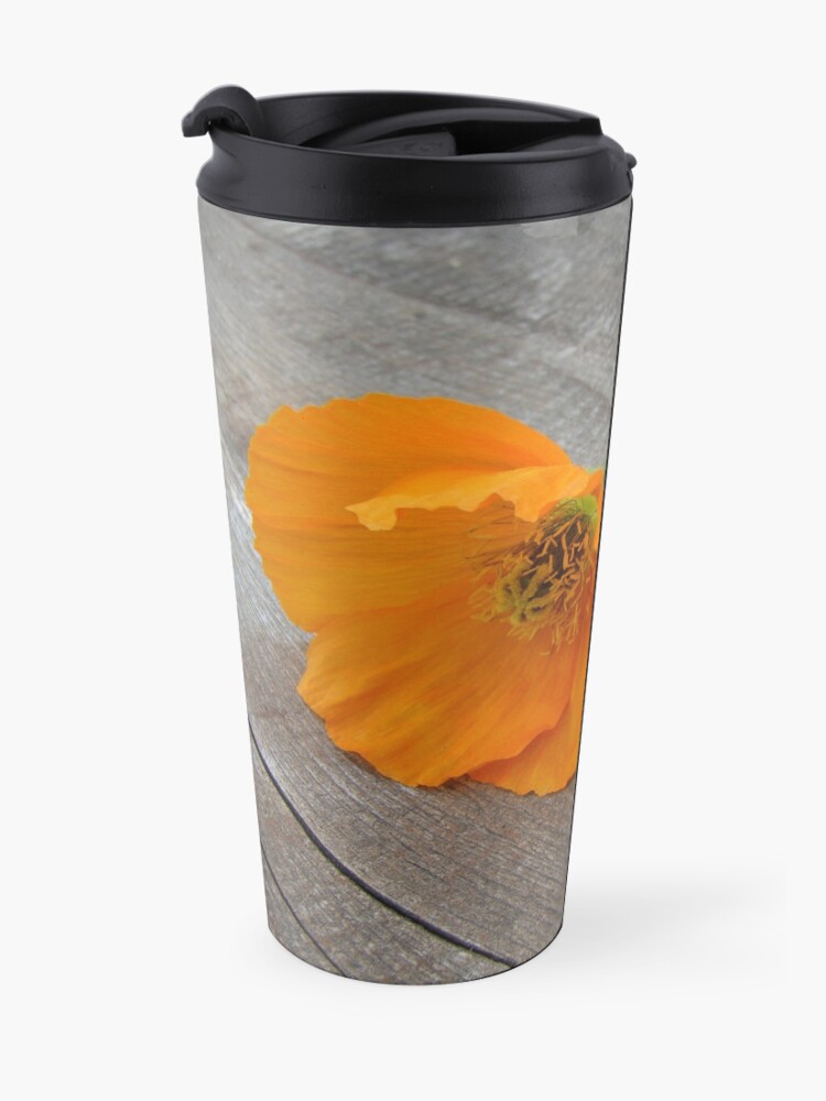 Alternate view of Orange flowers on a wooden table Travel Mug