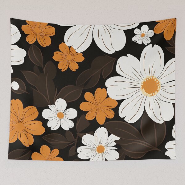 Item preview, White and orange flowers on dark brown background designed and sold by FlyingRaven1.