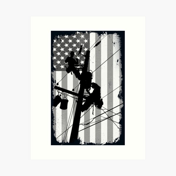 Retro American Lineman Silhouette - Patriotic Electrical Lineworker Art Art Print