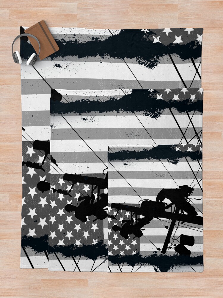 Thumbnail 5 of 6, Throw Blanket, Retro American Lineman Silhouette - Patriotic Electrical Lineworker Art designed and sold by LineXpressions.
