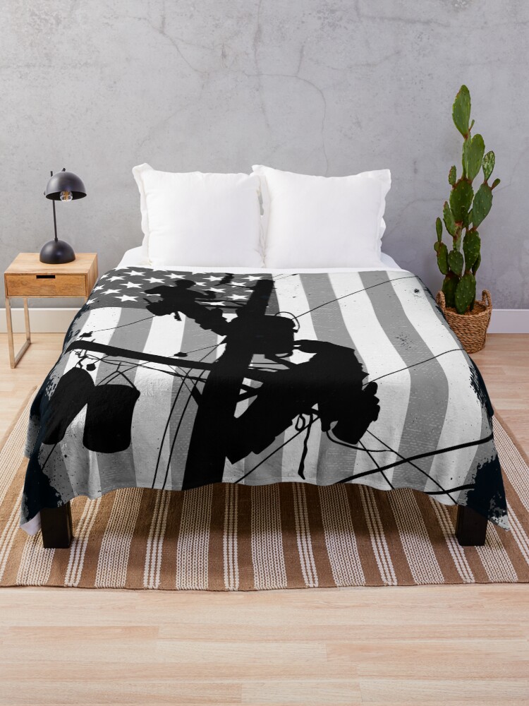 Thumbnail 1 of 6, Throw Blanket, Retro American Lineman Silhouette - Patriotic Electrical Lineworker Art designed and sold by LineXpressions.
