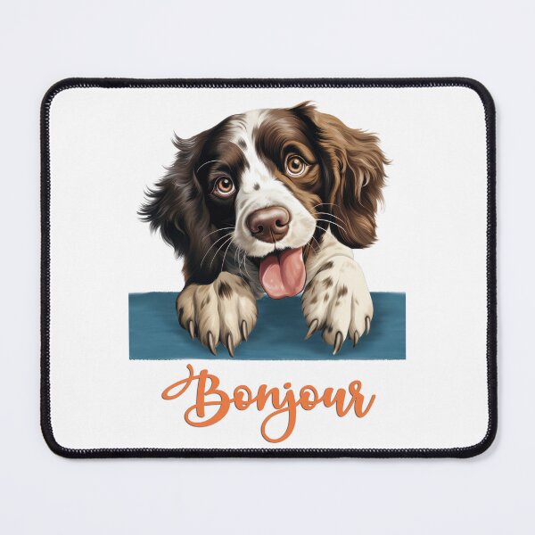 Item preview, English Springer dog (English Springer Spaniel), dog head drawing for teeshirt pocket, Hello in French. designed and sold by isaweb.