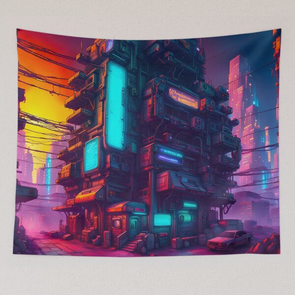 Item preview, Cyberpunk Apartment Block Overlooking Dystopian Back Street designed and sold by Ink Art Design.