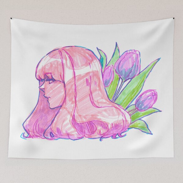 Item preview, Floral She - felt tip marker drawing - anime girl profile with tulips designed and sold by tshuki.