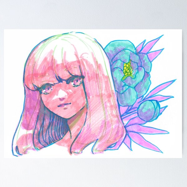 Item preview, Floral She - felt tip marker drawing - anime girl with peonies designed and sold by tshuki.