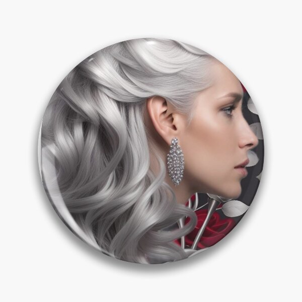 Item preview, elegant woman profile, long silver gray hair on a background of bright red and silver roses designed and sold by Creativesphotos.
