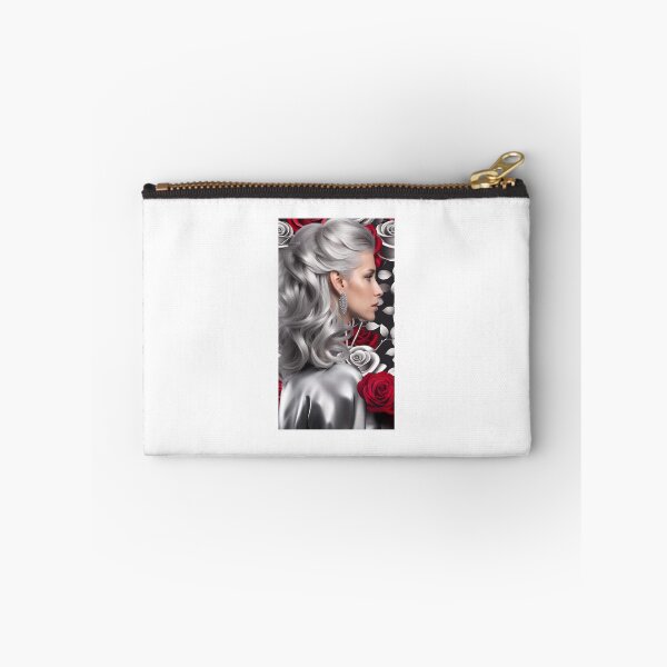 Item preview, elegant woman profile, long silver gray hair on a background of bright red and silver roses designed and sold by Creativesphotos.