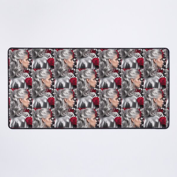 Item preview, elegant woman profile, long silver gray hair on a background of bright red and silver roses designed and sold by Creativesphotos.