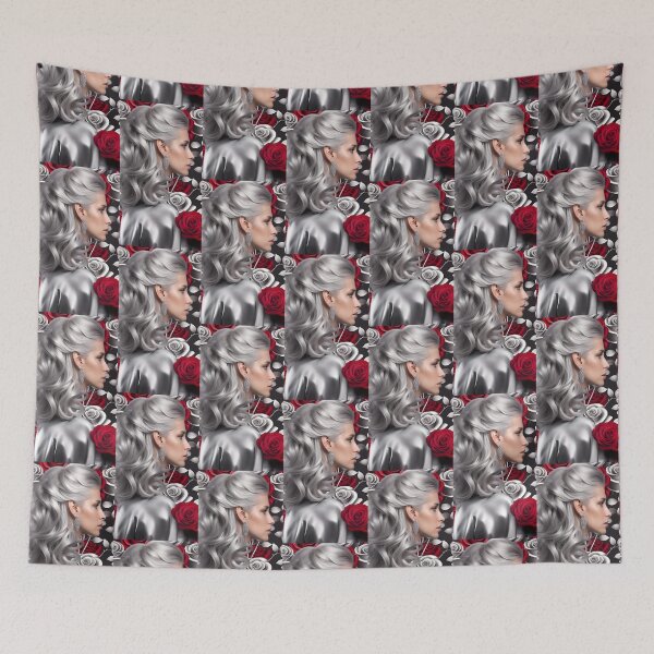 Item preview, elegant woman profile, long silver gray hair on a background of bright red and silver roses designed and sold by Creativesphotos.