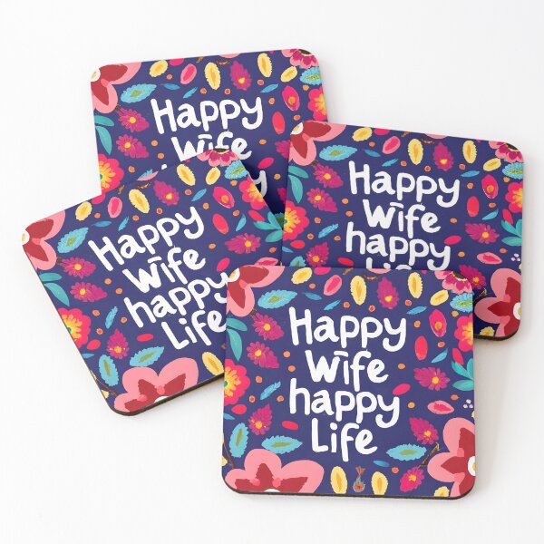 Item preview, happy wife happy life quote with painted flowers illustration designed and sold by AgarutanPrint.