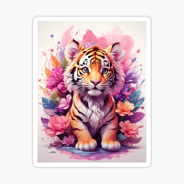 Aperçu de l'œuvre Joli bébé Tigre coloré - Fleurs fantastiques style Ghibli studio créée et vendue par DigitalEmporio.