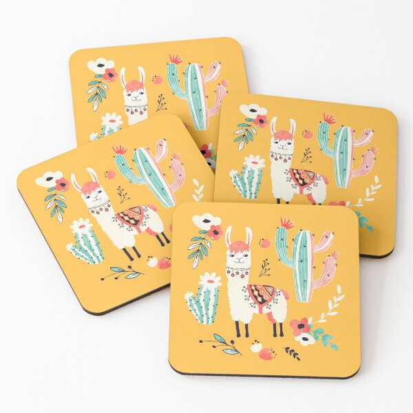White Llama with flowers Coasters (Set of 4)