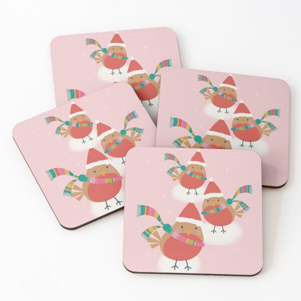 Item preview, Christmas birds in Santa hats playing in the snow , pink background designed and sold by marina63.