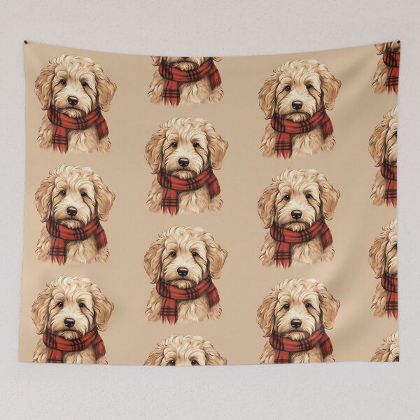 Aperçu de l'œuvre Goldendoodle Christmas Plaid Watercolor créée et vendue par rafaeltto.