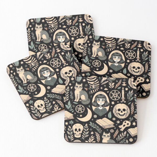 Item preview, Neo-Gothic Pattern: Spooky, Skulls, Cats, Leaves, and Spellbooks in Gold and Black designed and sold by Wicc-a.