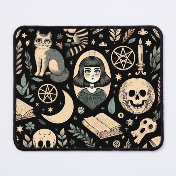 Item preview, Neo-Gothic Pattern: Spooky, Skulls, Cats, Leaves, and Spellbooks in Gold and Black designed and sold by Wicc-a.
