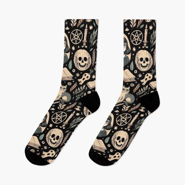 Item preview, Neo-Gothic Pattern: Spooky, Skulls, Cats, Leaves, and Spellbooks in Gold and Black designed and sold by Wicc-a.