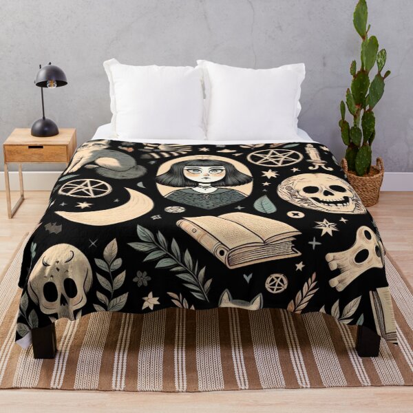Item preview, Neo-Gothic Pattern: Spooky, Skulls, Cats, Leaves, and Spellbooks in Gold and Black designed and sold by Wicc-a.