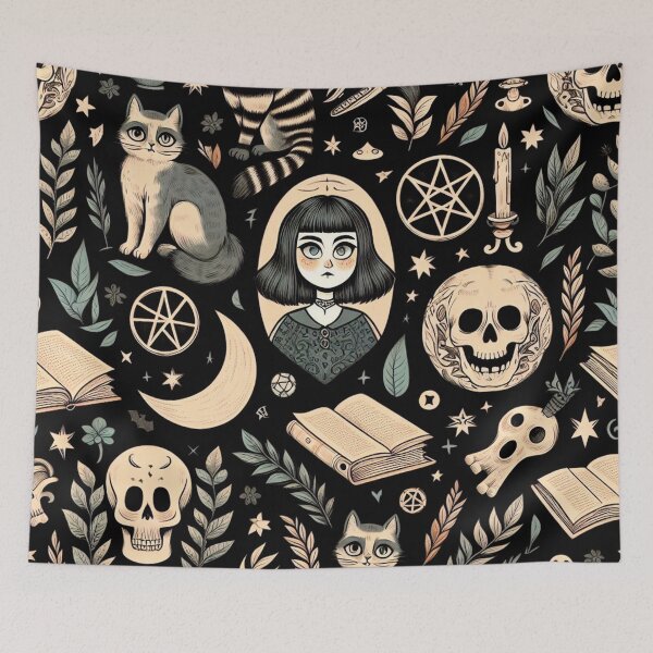 Item preview, Neo-Gothic Pattern: Spooky, Skulls, Cats, Leaves, and Spellbooks in Gold and Black designed and sold by Wicc-a.