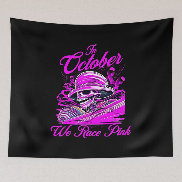 Item preview, In October We Race Pink Breast Cancer Awareness Pink Ribbon Cancer Racing Skull designed and sold by CarantinedChaos.