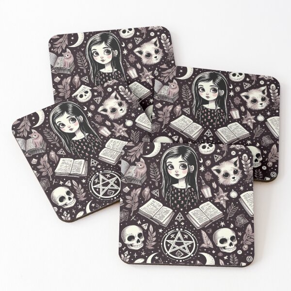 Item preview, Neo-Gothic Wicca: Spooky Pattern with Skulls, Cats, Leaves, Moon, Spellbooks, and Pentacles designed and sold by Wicc-a.
