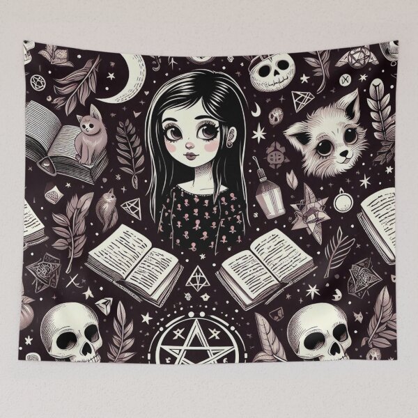 Item preview, Neo-Gothic Wicca: Spooky Pattern with Skulls, Cats, Leaves, Moon, Spellbooks, and Pentacles designed and sold by Wicc-a.