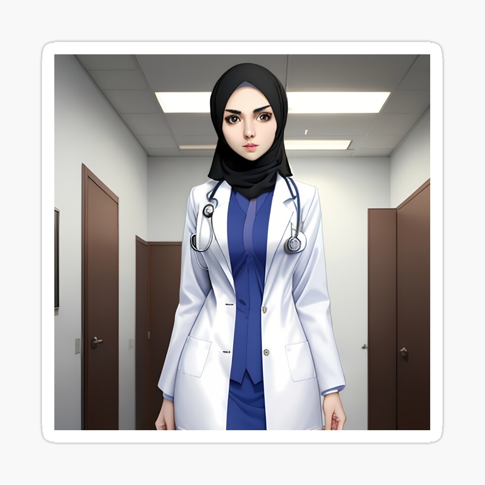 Hijabi Doctor Anime Character. Beautiful Muslim woman wearing Hijab