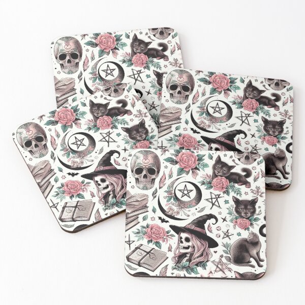 Item preview, Skull Witch Enchantment: Neo-Gothic Wiccan Pattern with Skulls, Cats, Leaves, Moon, Spellbooks, and Pentacles designed and sold by Wicc-a.