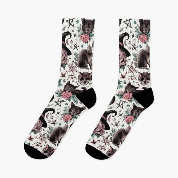 Item preview, Skull Witch Enchantment: Neo-Gothic Wiccan Pattern with Skulls, Cats, Leaves, Moon, Spellbooks, and Pentacles designed and sold by Wicc-a.