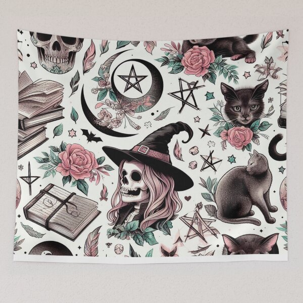 Item preview, Skull Witch Enchantment: Neo-Gothic Wiccan Pattern with Skulls, Cats, Leaves, Moon, Spellbooks, and Pentacles designed and sold by Wicc-a.
