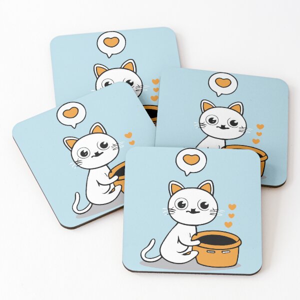 Item preview, cute and smiley white cat sitting in its cat litter box designed and sold by The  Knick Knack Nook.