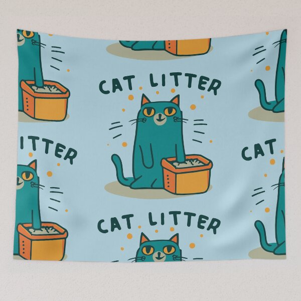 Item preview, cute and smiley blue cat sitting in its cat litter box designed and sold by The  Knick Knack Nook.
