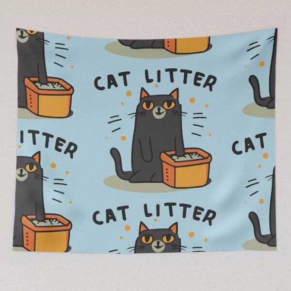 Item preview, cute and smiley black cat sitting in its cat litter box designed and sold by The  Knick Knack Nook.