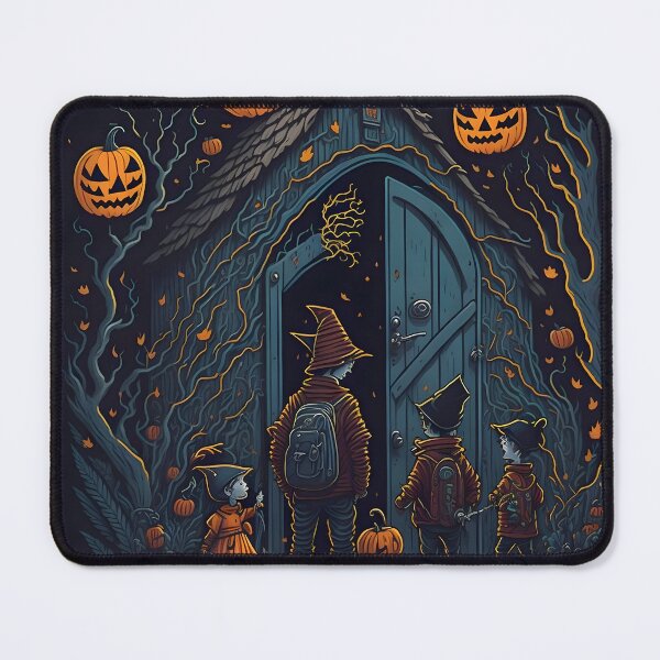 Item preview, "Capturing the enchantment of a Halloween night, the artwork portrays a delightful trick-or-treating adventure as children in costumes journey from door to door in search of treats." designed and sold by Best-Art-32.