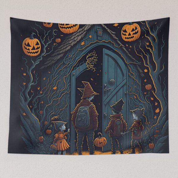 Item preview, "Capturing the enchantment of a Halloween night, the artwork portrays a delightful trick-or-treating adventure as children in costumes journey from door to door in search of treats." designed and sold by Best-Art-32.