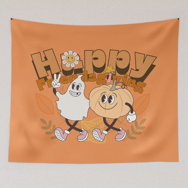 Item preview, Retro Autumn Happy Friendsgiving Walking Ghost with Pumpkin buddies designed and sold by VieBelieve.