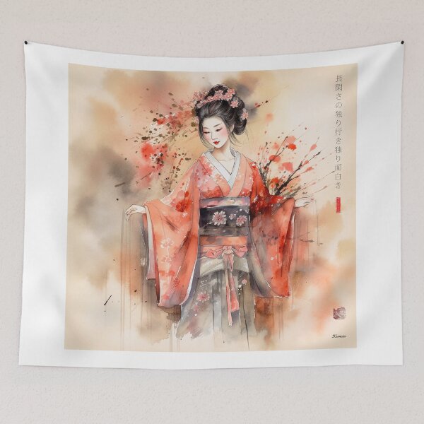 Item preview, Japanese, maiko, haiku, geisha, portrait, watercolor, painting, geiko, japan, nihonga, sumi-e, kimono, sakura, floral, cherry blossom designed and sold by KsaveraArt.