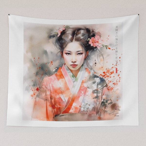 Item preview, Japanese, maiko, haiku, geisha, portrait, watercolor, painting, geiko, japan, nihonga, sumi-e, kimono, sakura, floral, cherry blossom designed and sold by KsaveraArt.