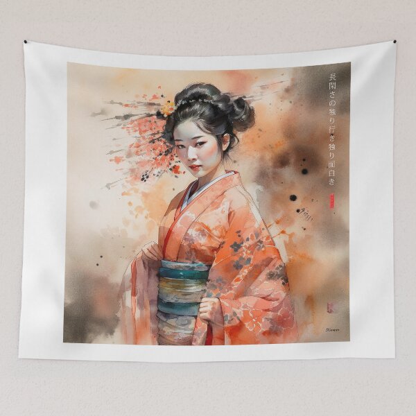 Item preview, Japanese, maiko, haiku, geisha, portrait, watercolor, painting, geiko, japan, nihonga, sumi-e, kimono, sakura, floral, cherry blossom designed and sold by KsaveraArt.