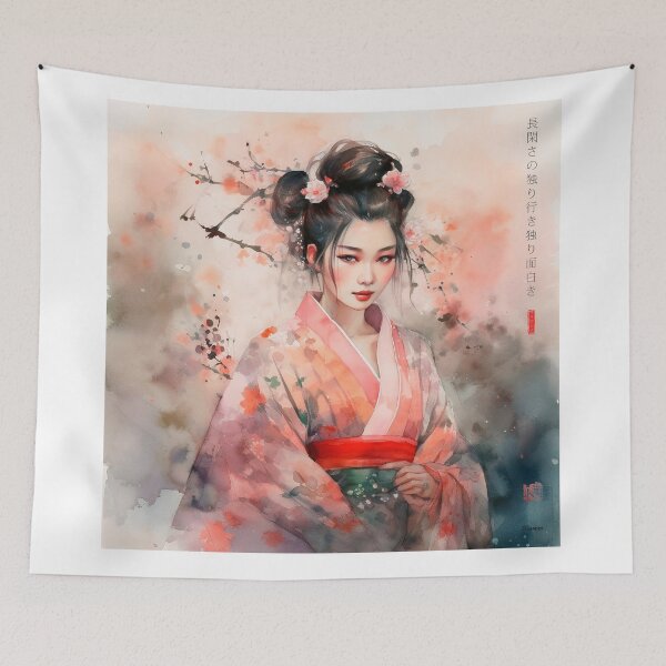 Item preview, Japanese, maiko, haiku, geisha, portrait, watercolor, painting, geiko, japan, nihonga, sumi-e, kimono, sakura, floral, cherry blossom designed and sold by KsaveraArt.