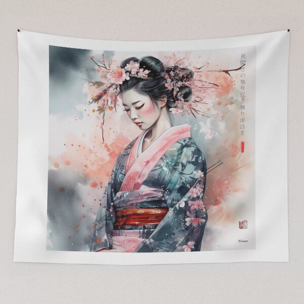 Item preview, Japanese, maiko, haiku, geisha, portrait, watercolor, painting, geiko, japan, nihonga, sumi-e, kimono, sakura, floral, cherry blossom designed and sold by KsaveraArt.